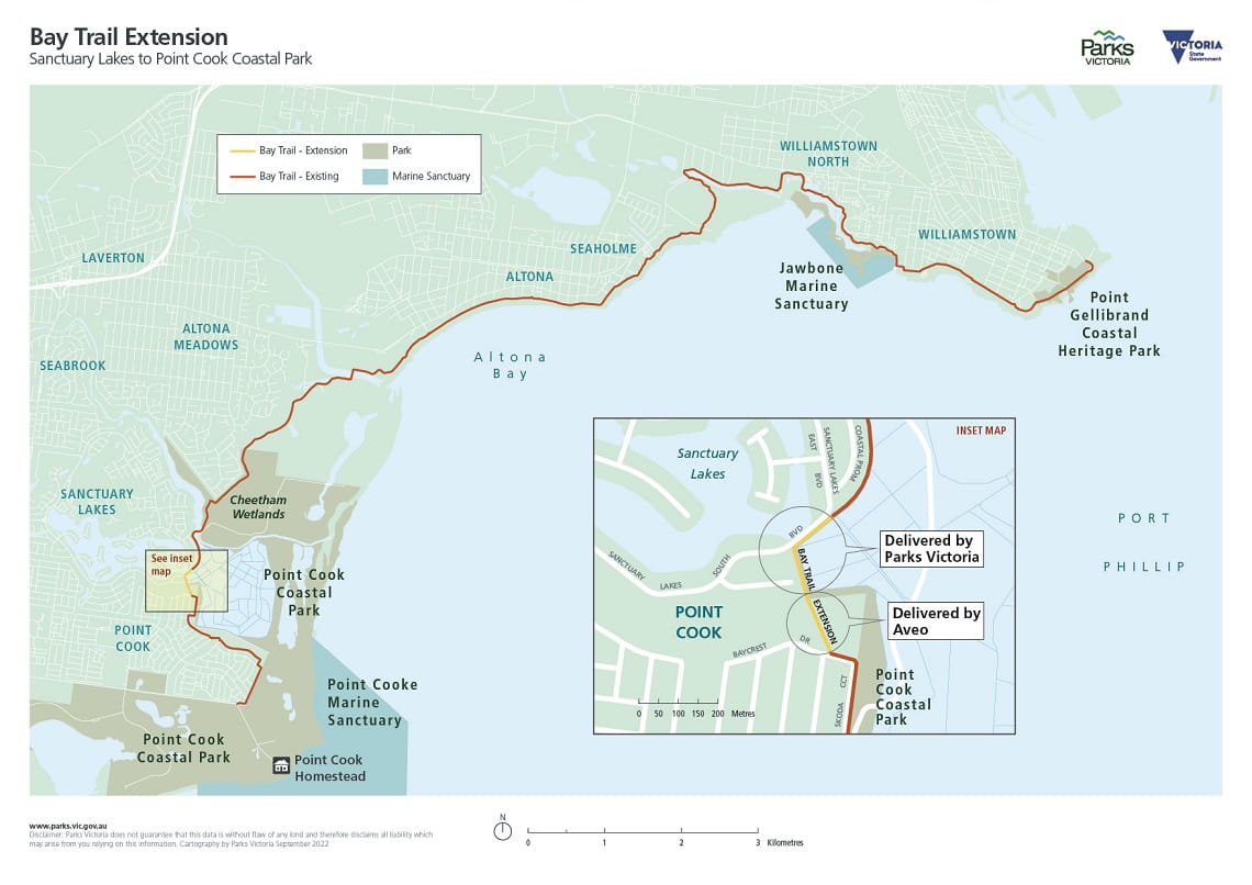 A map that demonstrates where the extension of the Bay Trail will be built, including which part will be constructed by Parks Victoria, and which part will be constructed by Aveo