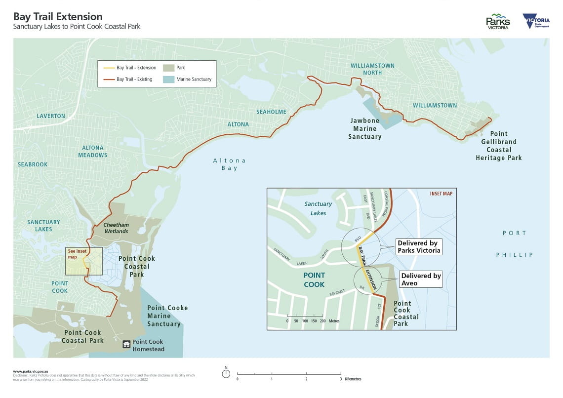 A map that demonstrates where the extension of the Bay Trail will be built, including which part will be constructed by Parks Victoria, and which part will be constructed by Aveo