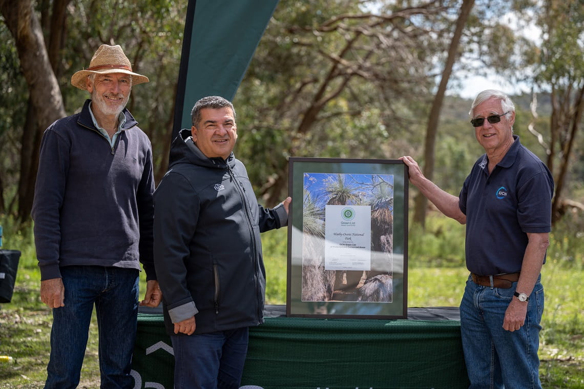 IUCN Vice President Peter Cochrane (left) and Vice-Chair (Science) with the IUCN World Commission on Protected Areas Marc Hockings present the IUCN Green List certificate to Parks Victoria Chair John Pandazopoulos (centre) – credit, Parks Victoria 