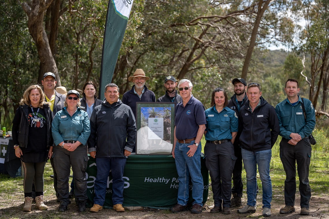 From left to right: Nicole James, Kris Hermans, Sharon Plummer, Charlie Bisset, John Pandazopoulos, Peter Cochrane, Jhye Rosicka, Marc Hockings, Jessica Reid, Kagan Vainisi, Daniel Mclaughlin and Mark Antos - credit, Parks Victoria 