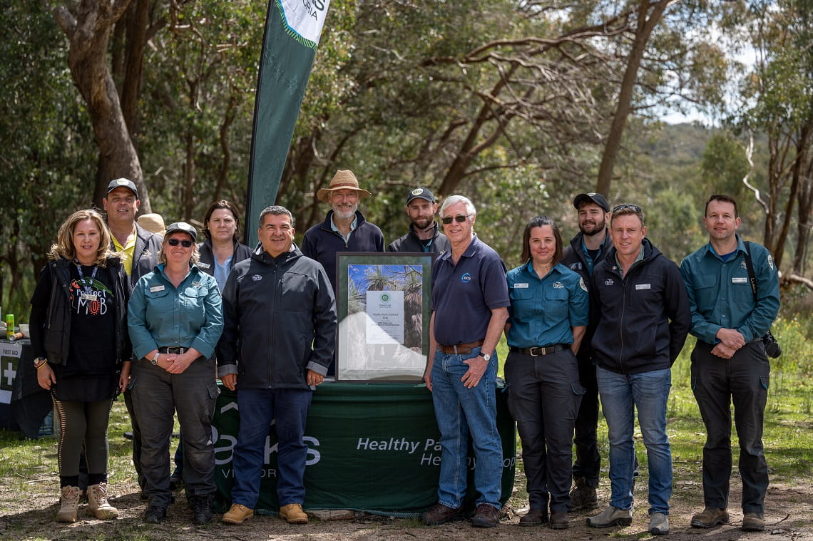 From left to right: Nicole James, Kris Hermans, Sharon Plummer, Charlie Bisset, John Pandazopoulos, Peter Cochrane, Jhye Rosicka, Marc Hockings, Jessica Reid, Kagan Vainisi, Daniel Mclaughlin and Mark Antos – credit, Parks Victoria 