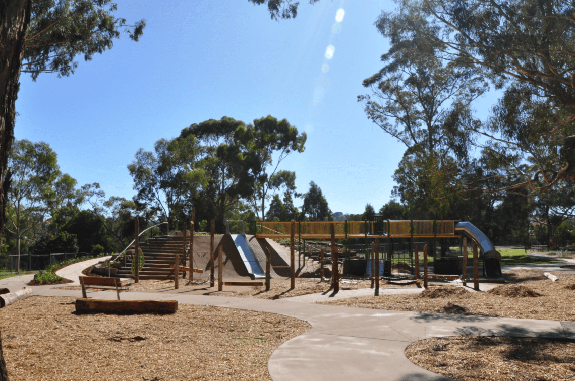 A new playscape featuring multiple slides and areas for kids to play