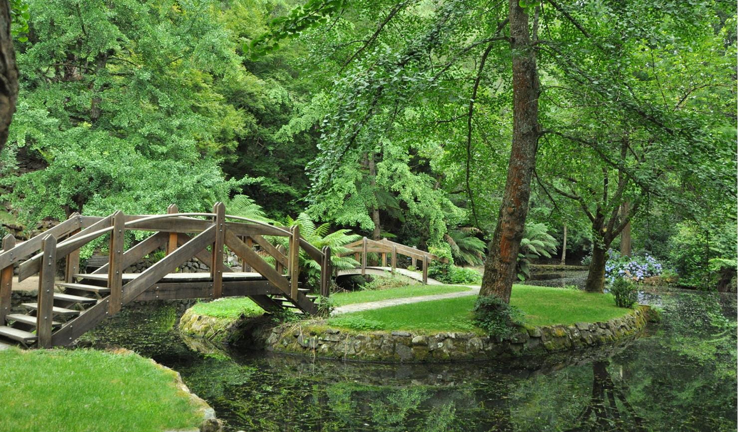 The lake and linking bridge at Alfred Nicholas Memorial Garden