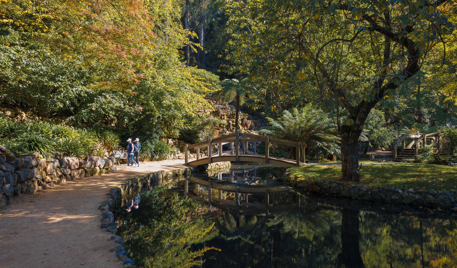 People walking through paths on a green mature European garden, surrounded by water features. 