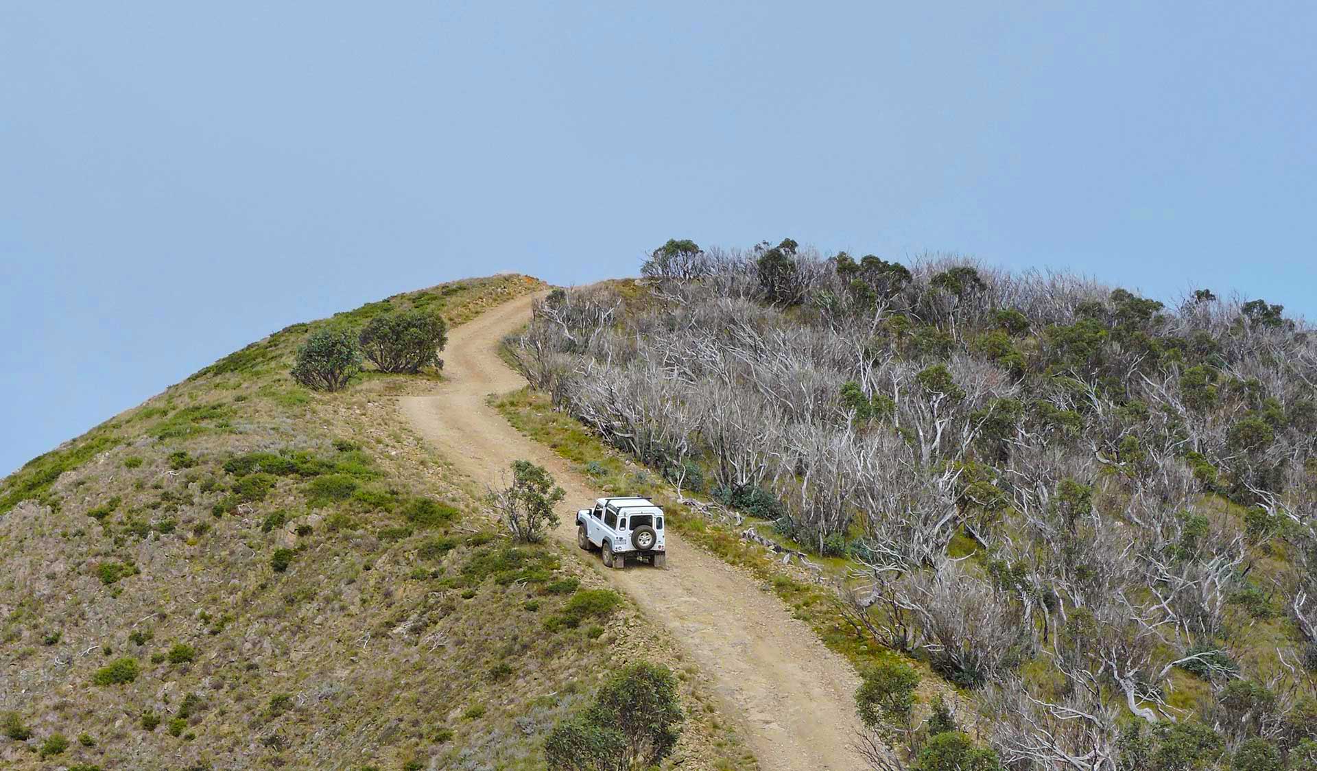A four-wheel drive climbs to the top of the Blue Rag Range Track.