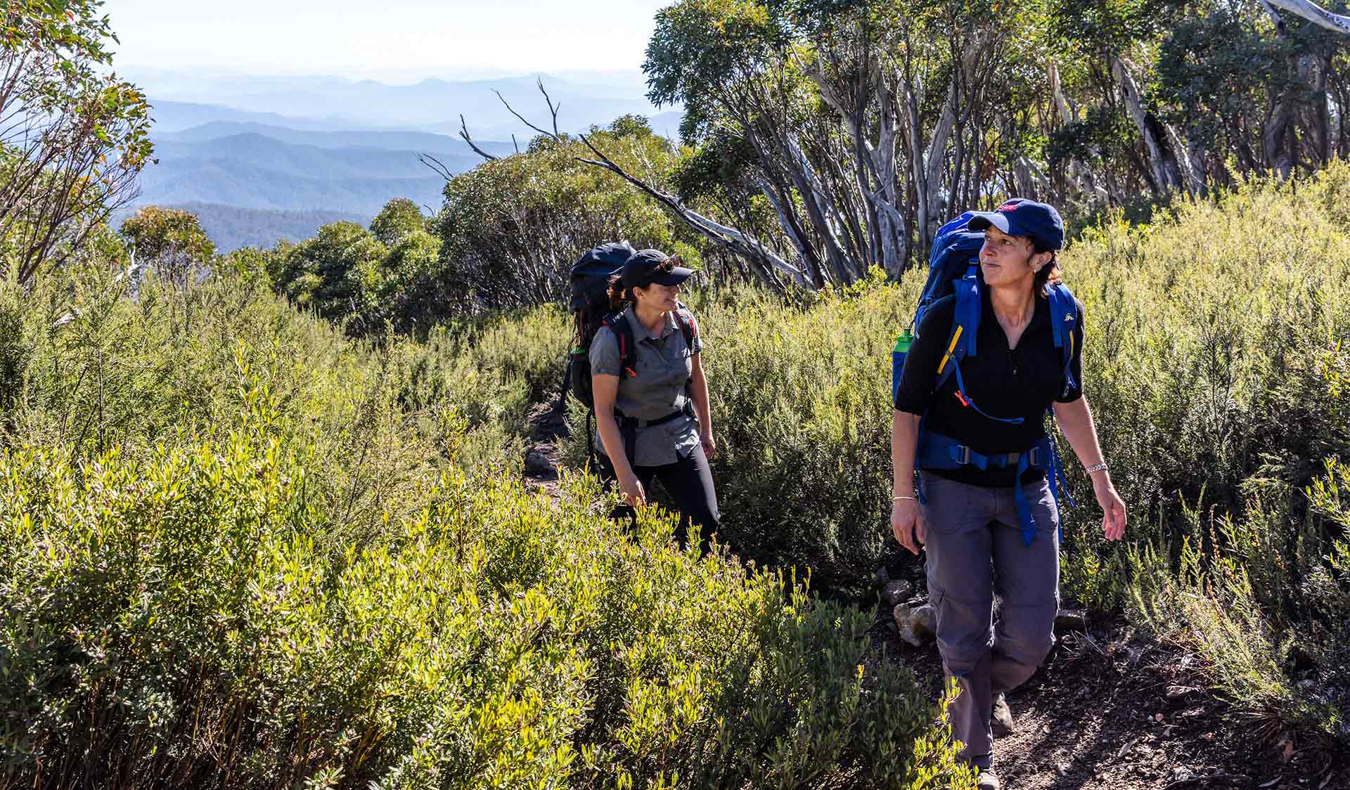 Two women follow the path through scrub up Mt Bogong with mountain views in the distance.