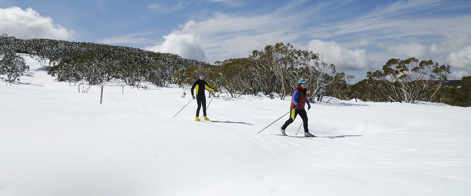 Two people enjoy cross country skiing across the gentle plains.