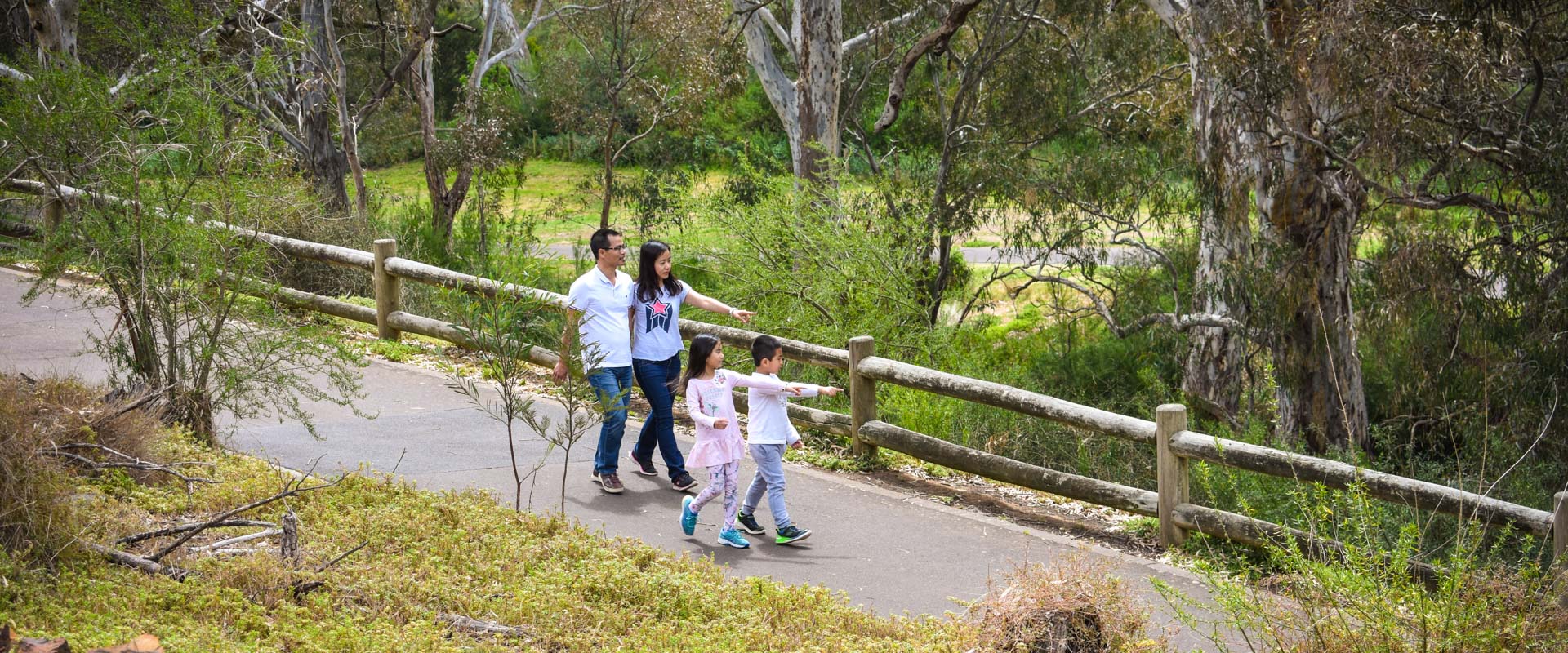 Family walk down a paved path surrounded by greenery. They point at something they've spotted. 