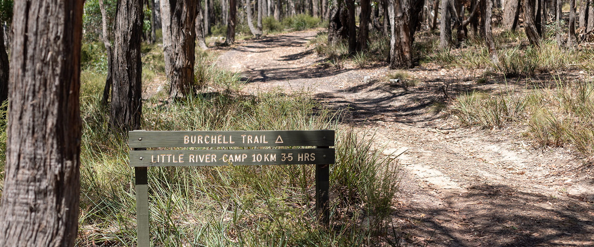 A trail head marker at the start of a trail indicates 10kms until Little River Camp