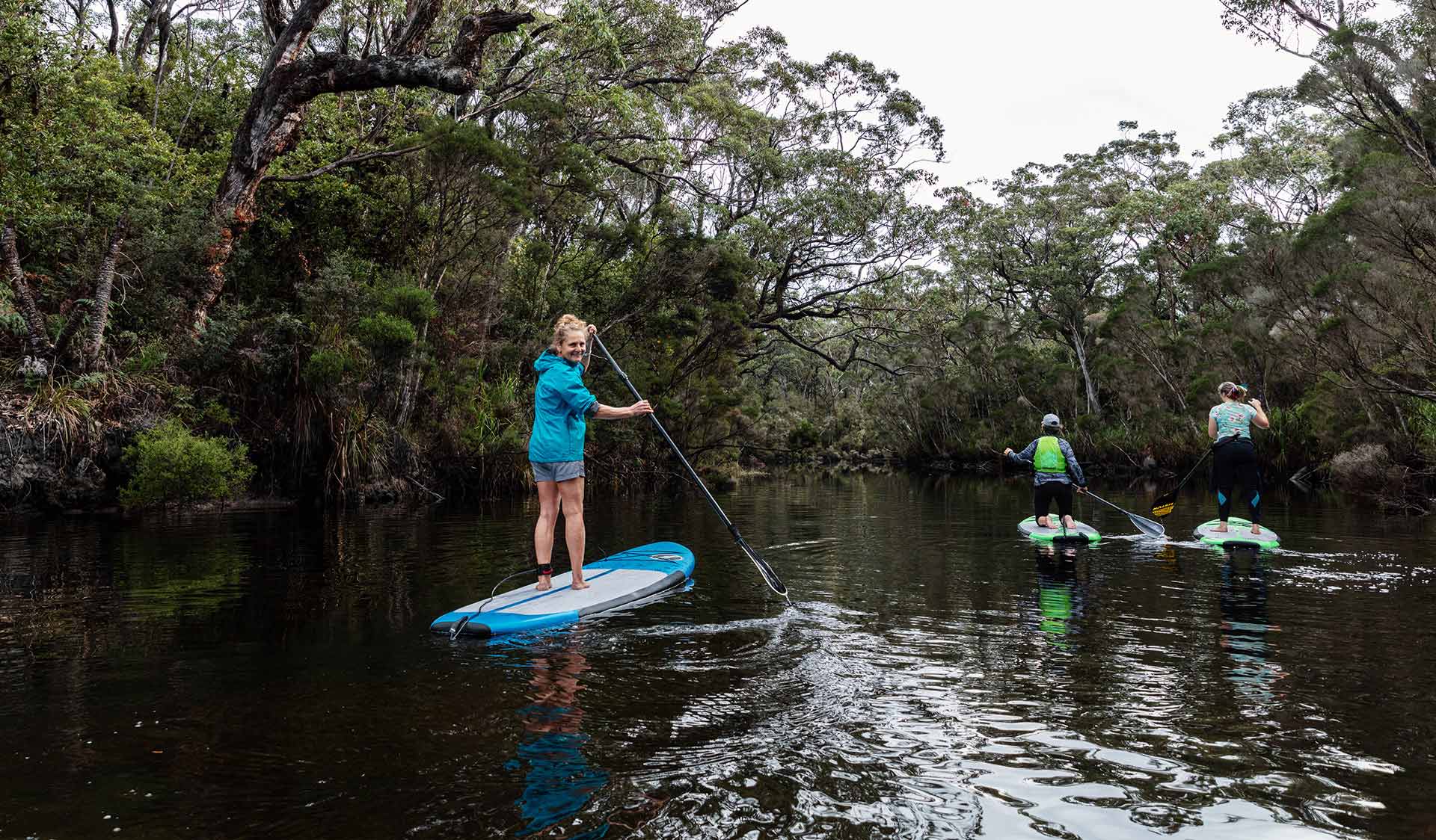 Three women on stand-up paddle boards paddle up the Yeerung River.