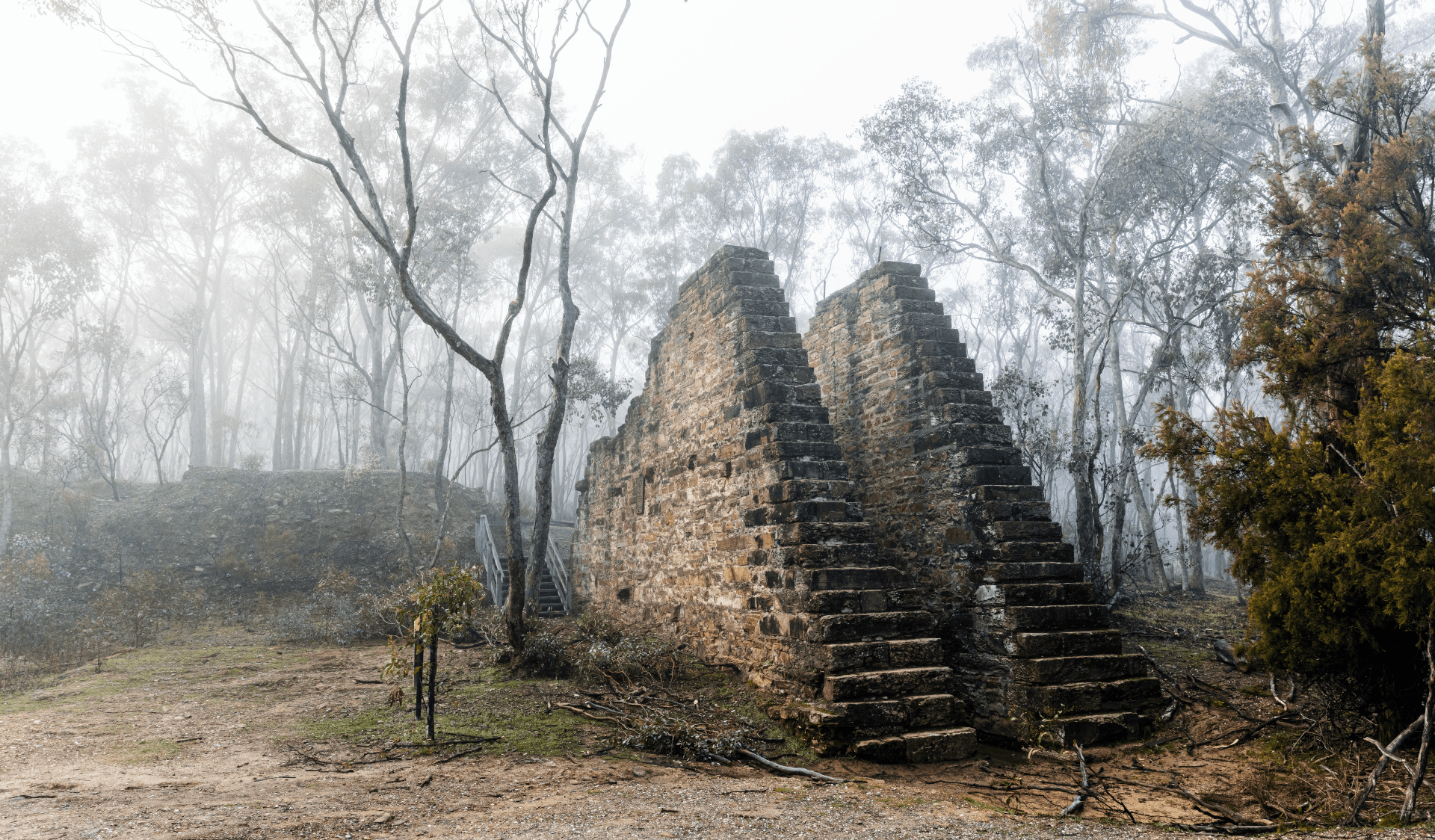 The Garfields Water Wheel surrounded by mist in Castlemaine Diggings National Heritage Park