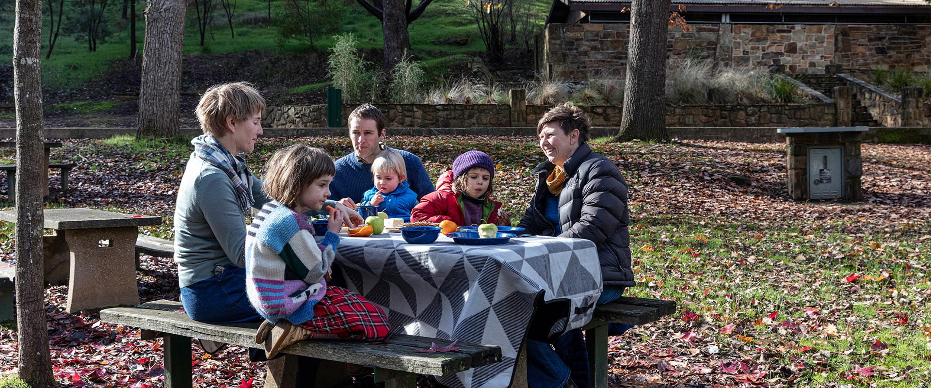 Three adults and three children sit on a picnic table in a leafy picnic area enjoying some fruit and biscuits