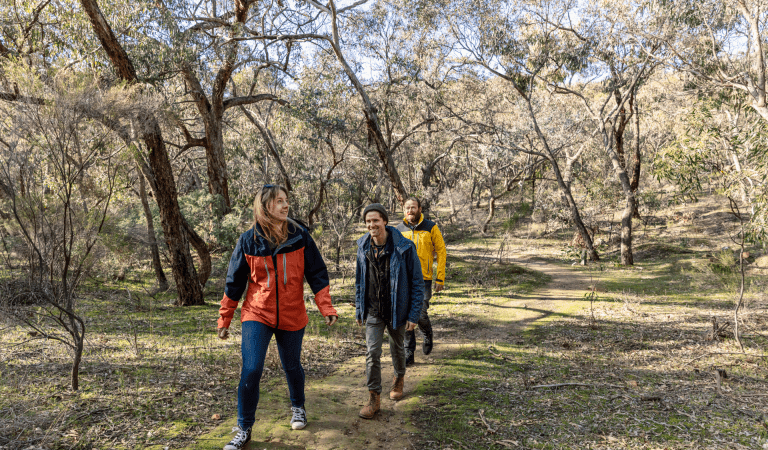 Three friends walking in Eureka Reef at Castlemaine Diggings National Heritage Park