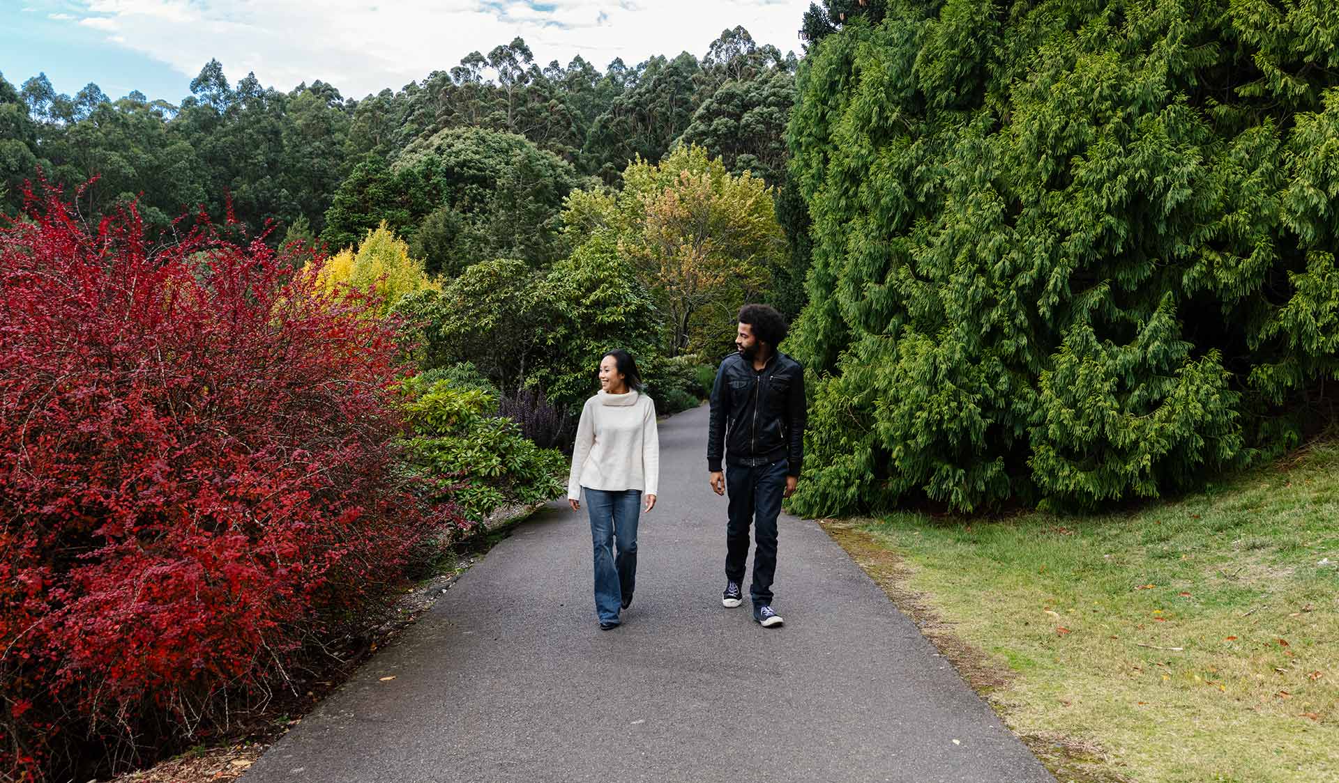 A man with an afro wearing a leather jacket and woman wearing a cream knitted jumper walk past a tree with splendid autumn leaves.