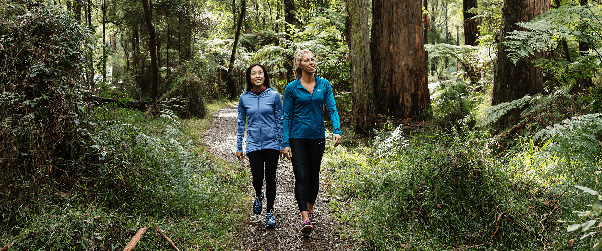 Two females enjoying a walk through a ferny forest path.