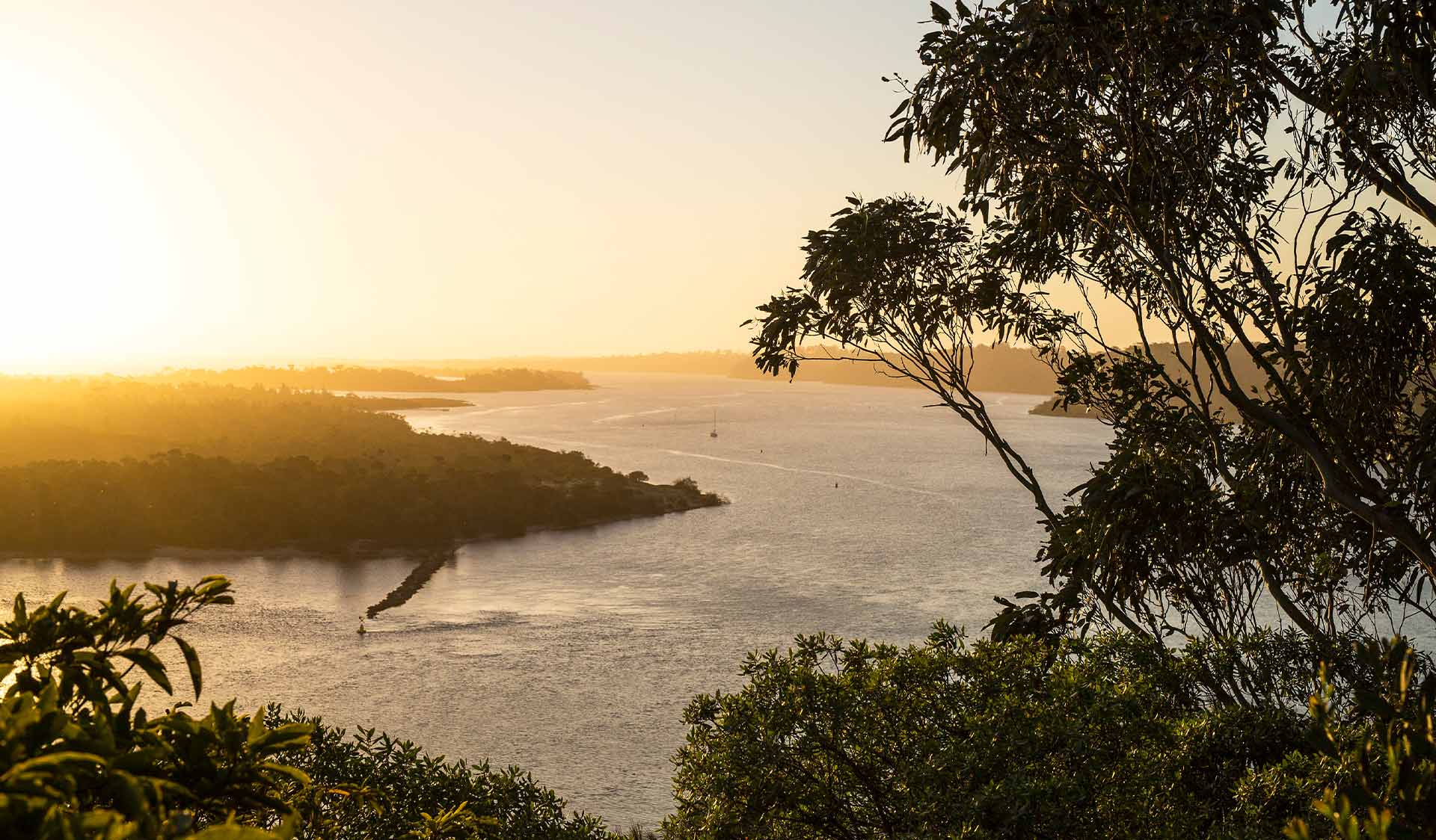 The sun sets over Gippsland Lakes near Lakes Entrance