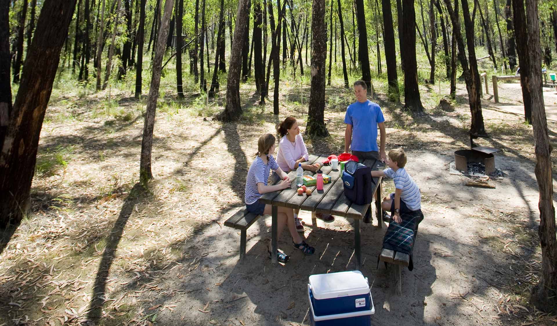 A family of four enjoy afternoon tea at a picnic table at Smiths Mill Campground.