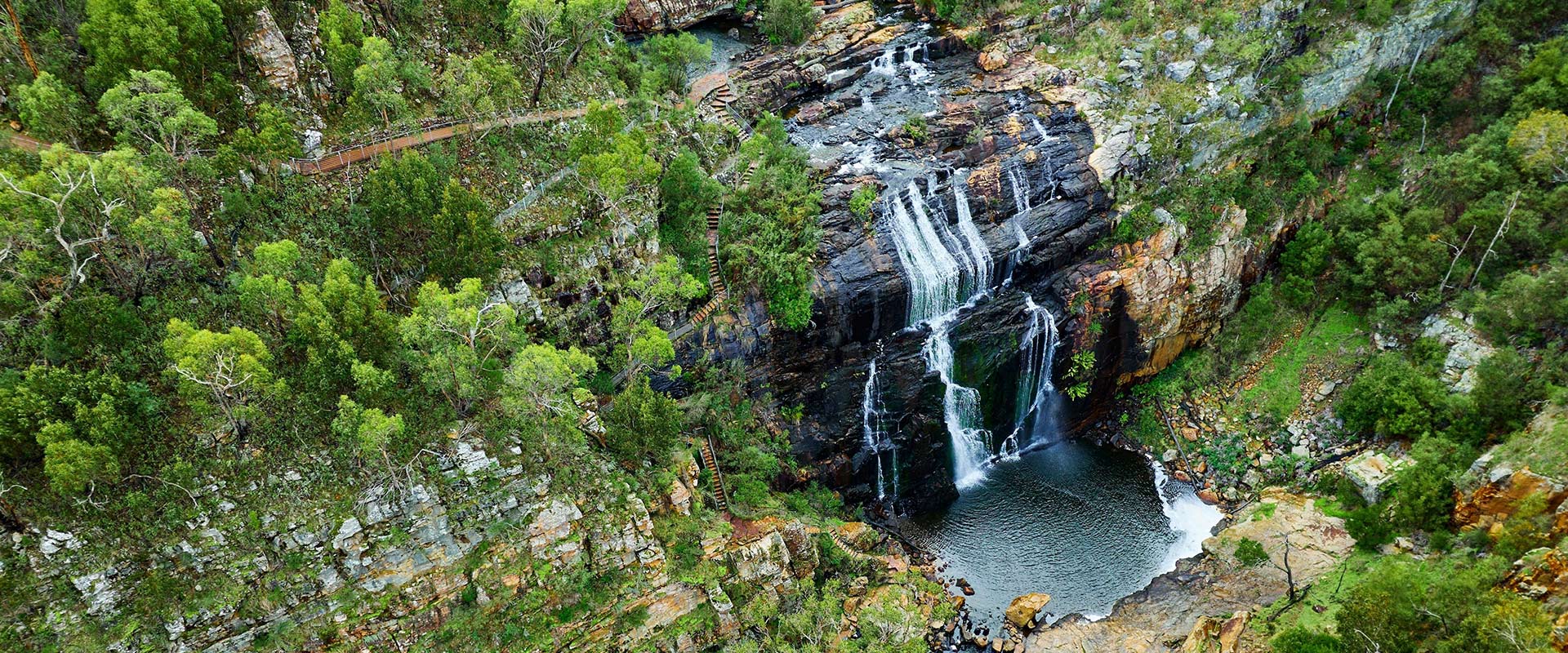 Aerial view overlooking a large water fall with green rugged bushland either side and viewing platforms.