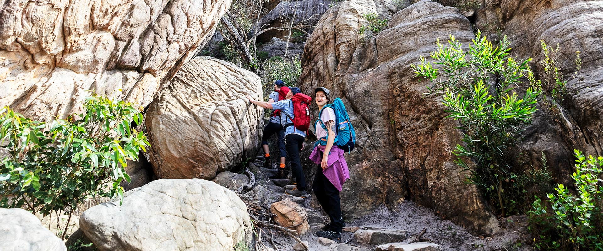 A group of hikers ascend the trail past large boulders on their way to the summit