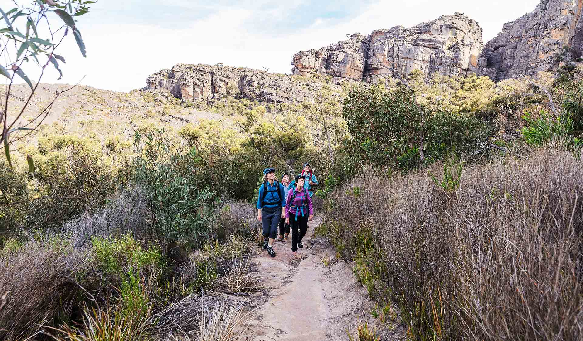A group of four walk through the Northern Grampians near Mt Staypleton.