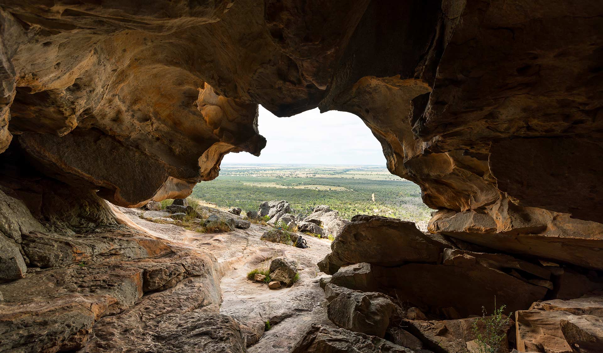 The view of the Wimmera plains through Hollow Mountain in the Grampians National Park.