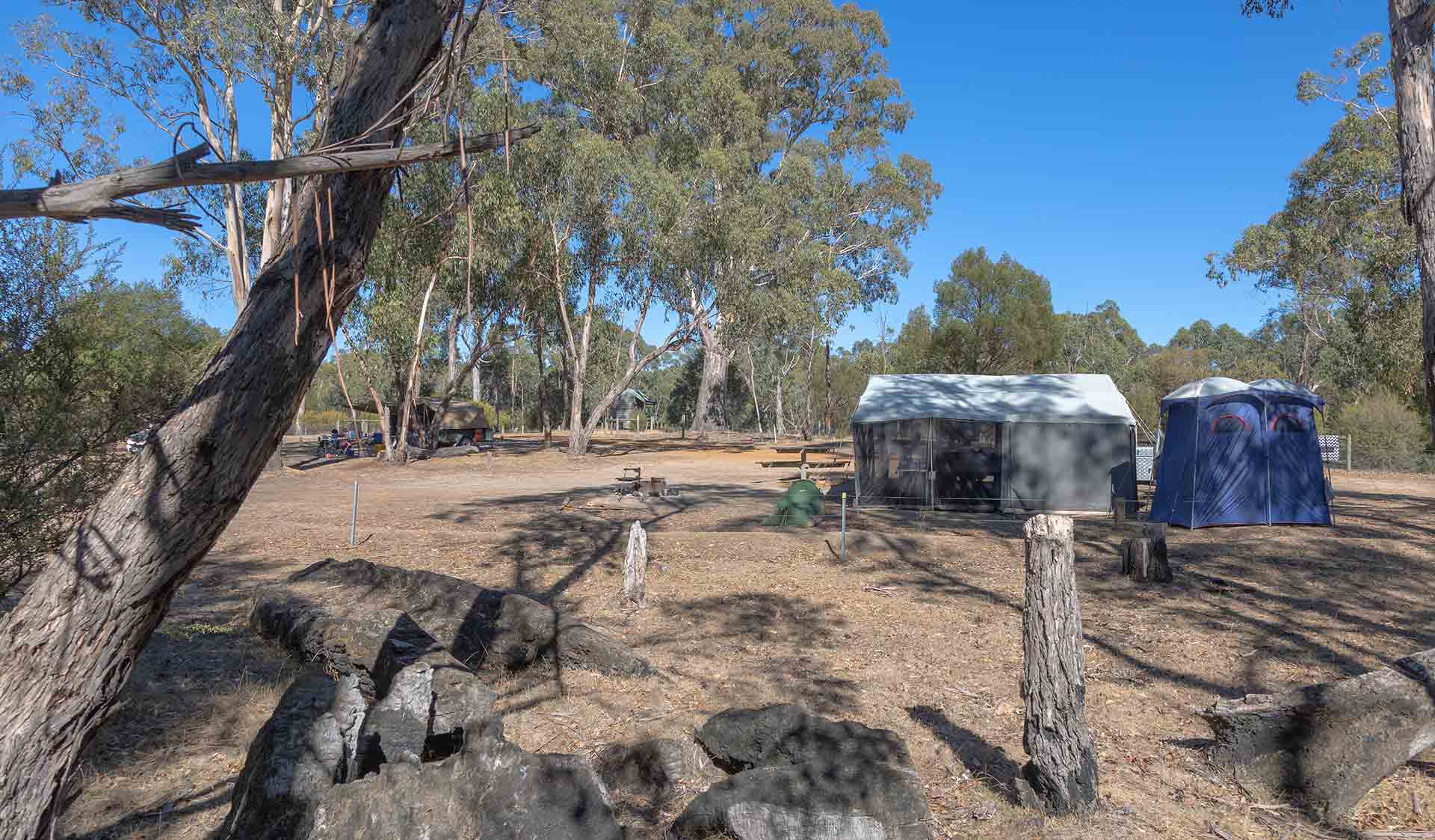 A tent and fireplace at Boreang Campground in the Grampians National Park