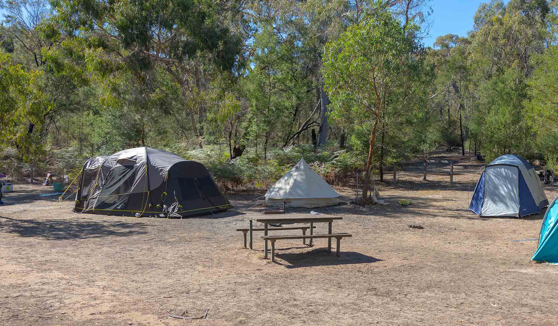 A picnic table and fireplace in front of tents at Buandik Campround in the Grampians National Park