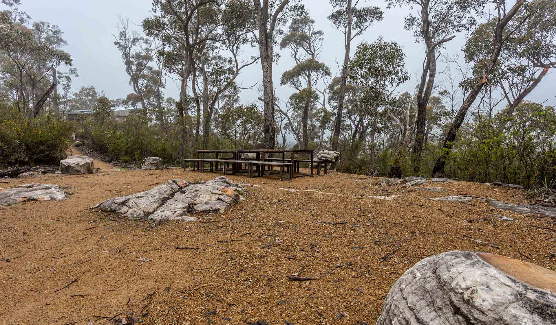 A picnic table in a clearing at Stony Creek Group Campground in the Grampians National Park