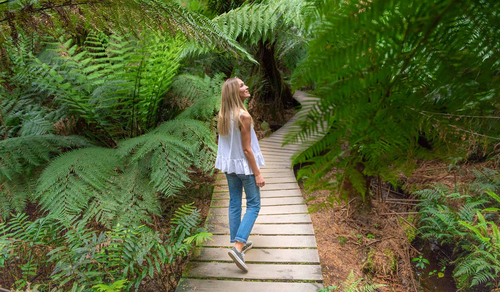 A woman walks along the boardwalk at Maits Rest in the Great Otway National Park.