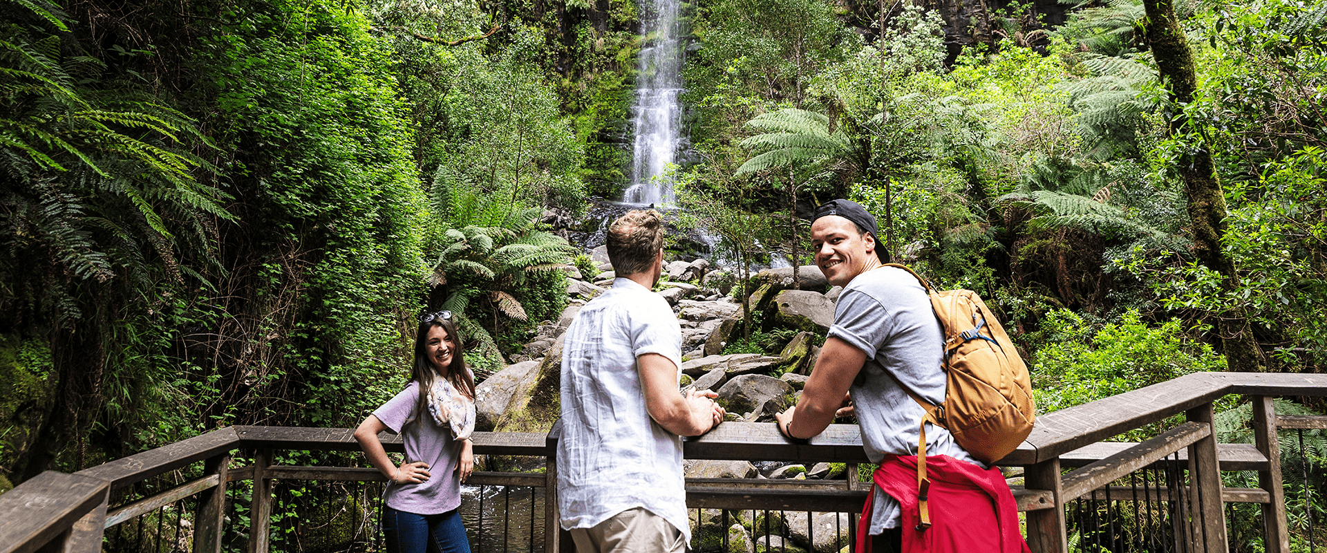Three visitors stand on a wooden viewing platform admiring the waterfall in lush temperate rainforest environment.