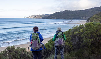 Two people wearing hiking gear and packs standing looking out to a view of the beach.