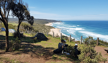 Three hikers relax at a campsite along the Great Ocean Walk