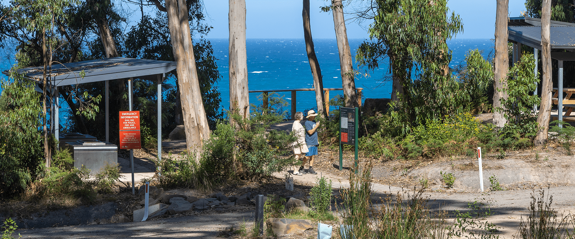 A couple walk through a coastal campground with BBQ facilities and tent sites surrounded by Eucalyptus trees and the ocean in the background.