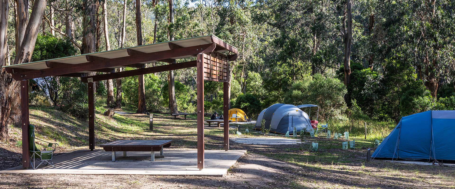 A wooden shelter in a clearing in front of three tents surrounded by tall eucalypt trees