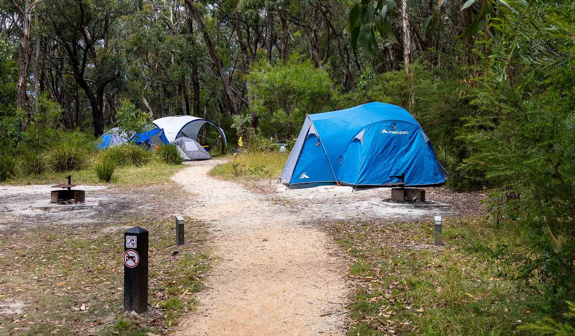 A path leads through tents at Hammond Road Campground Great Otway National Park