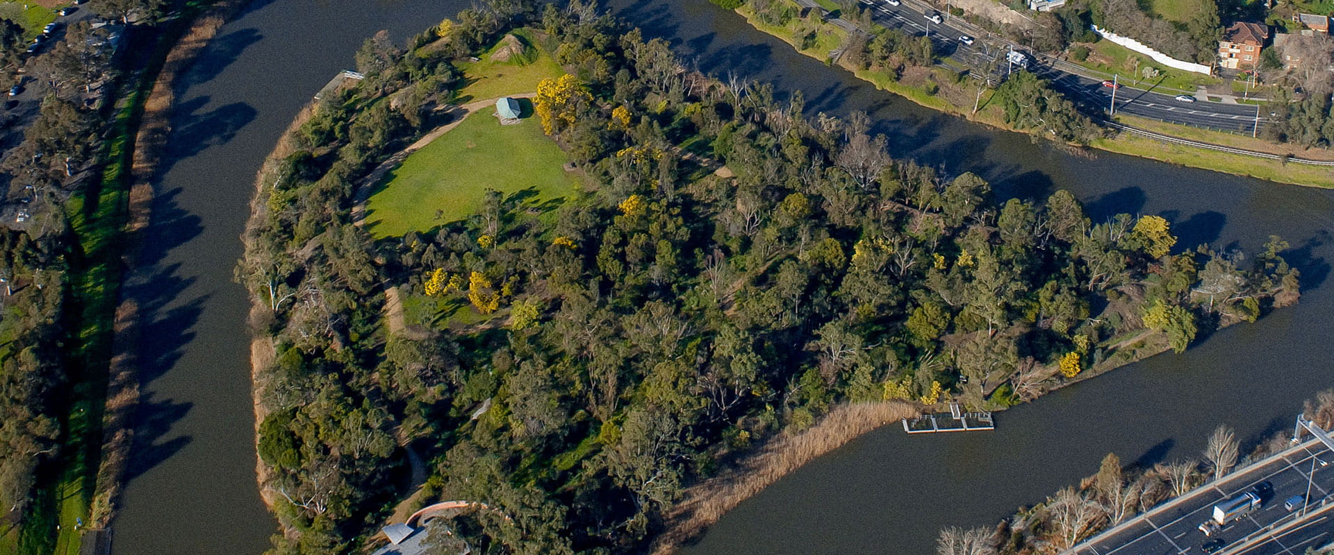 An aerial view of a tree and grass-covered island in the middle of the Yarra River