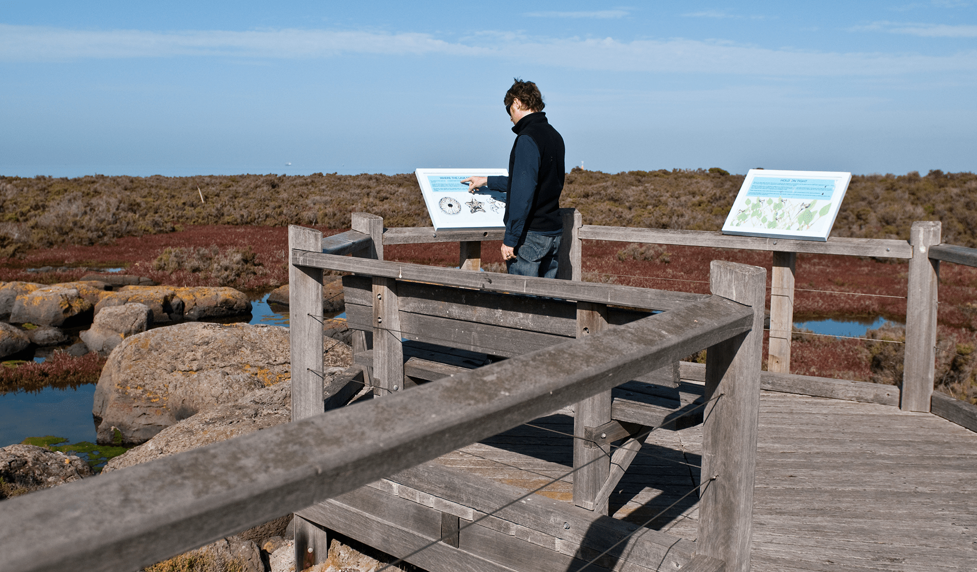 A man reads an information sign at Jawbone Marine Sanctuary