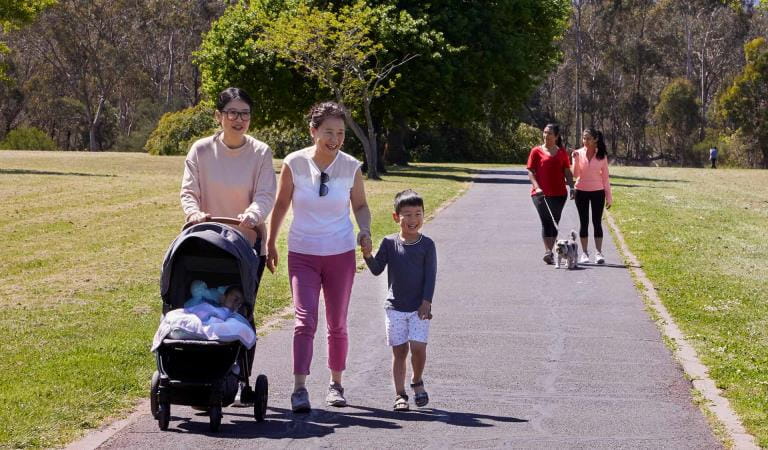 A young boy walks hand-in-hand with his grandmother, while his mother pushes his younger sibling in a pram.