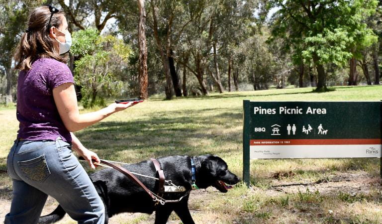 Visitor using the BlindSuare GPS app at Jells Park
