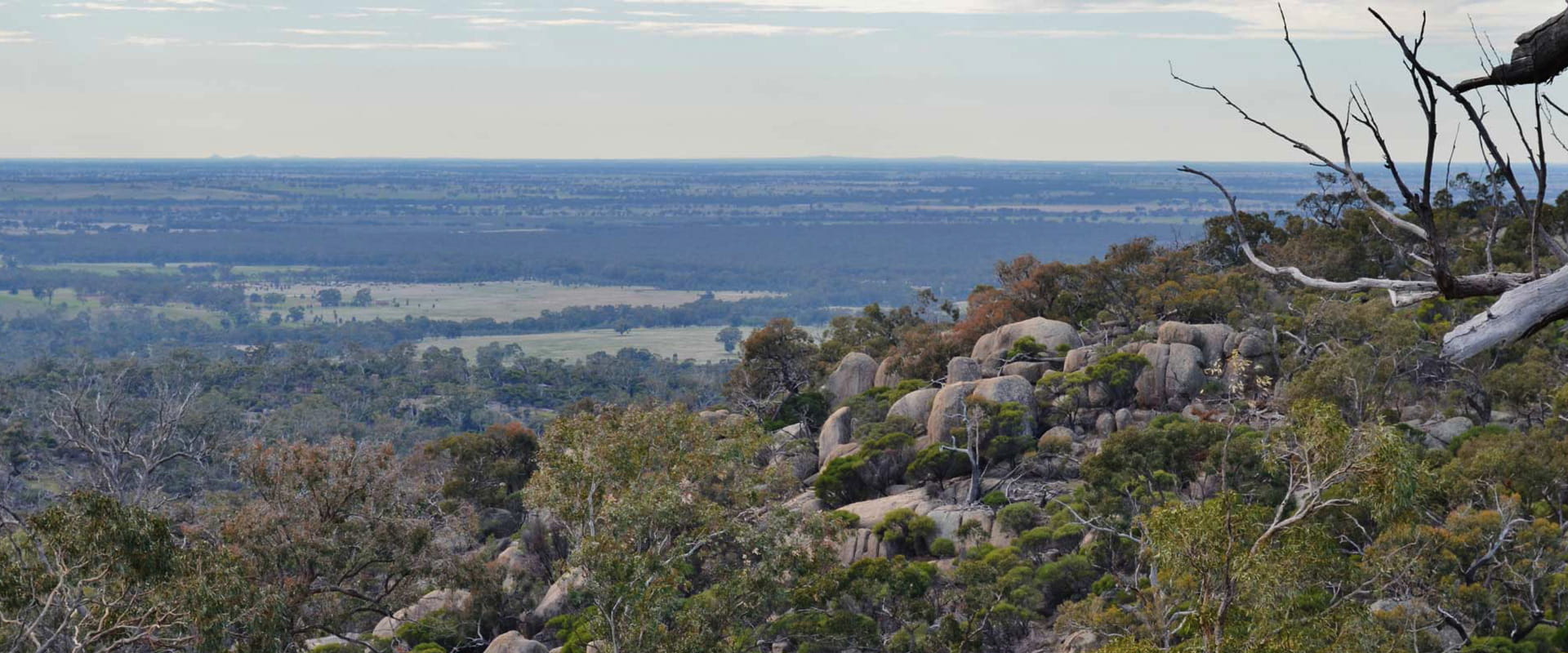 A view from a mountain top that overlooks the state park and large boulders on the mountain side.