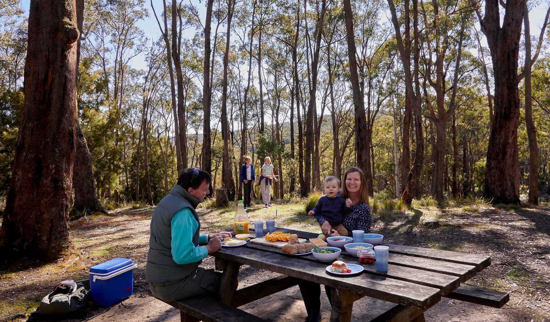 A family stops for lunch at MacKenzie's Flat Picnic Area