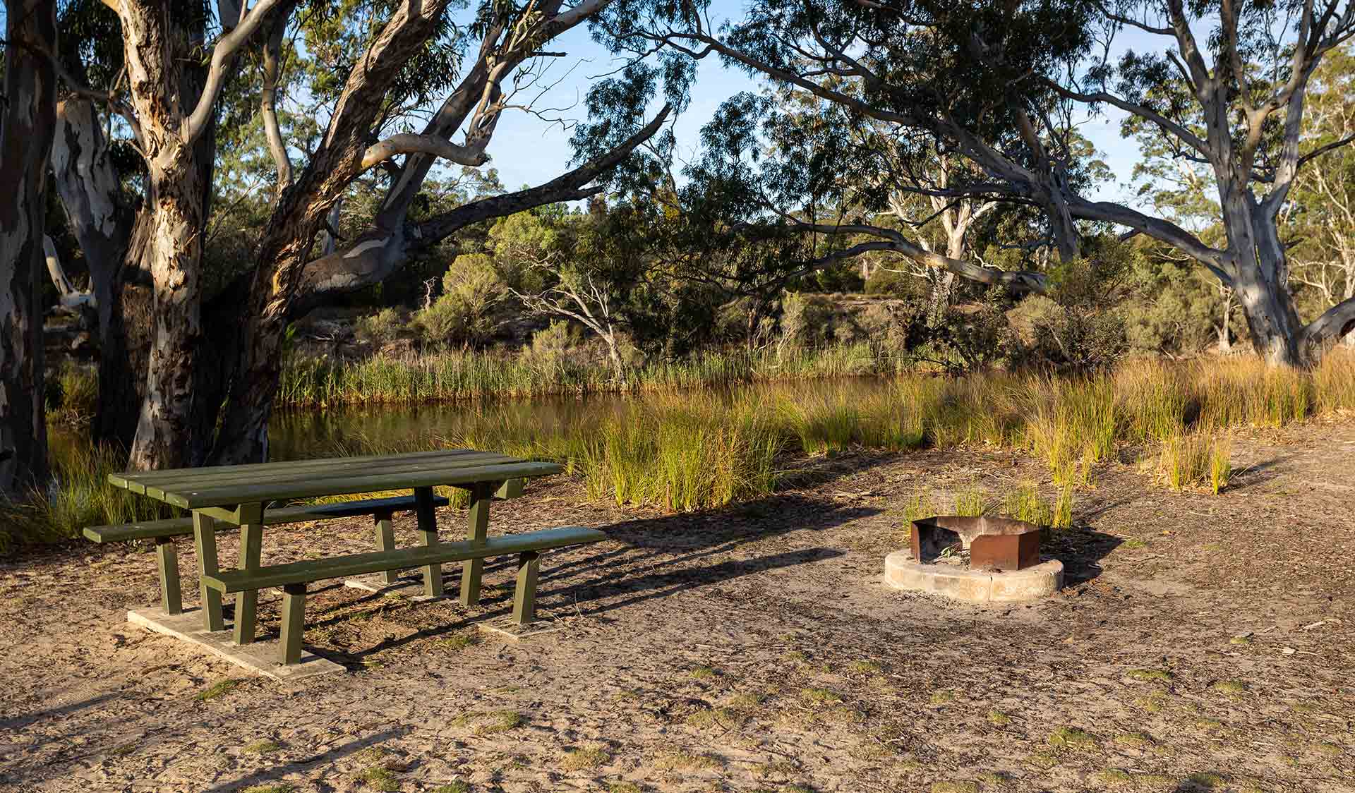 A campfire and picnic table near the river's edge at Ackle Bend Campground in Little Desert National Park