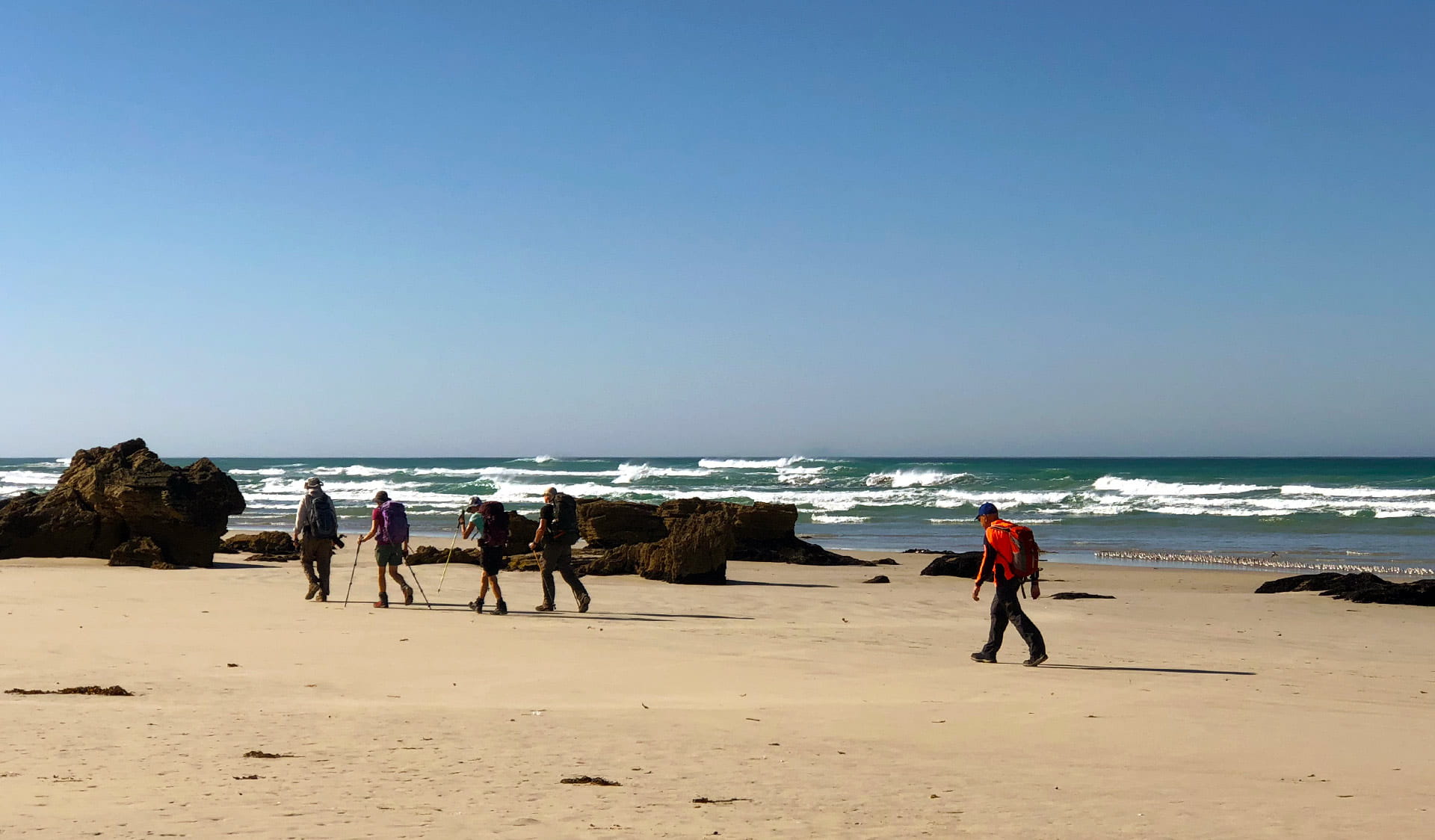 A group of four hikers walk along the beach at Discovery Bay as part of the Great South West Walk