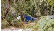 Clothes strung up on a line in front of a green tent at Battersbys Campground at Lower Glenelg National Park