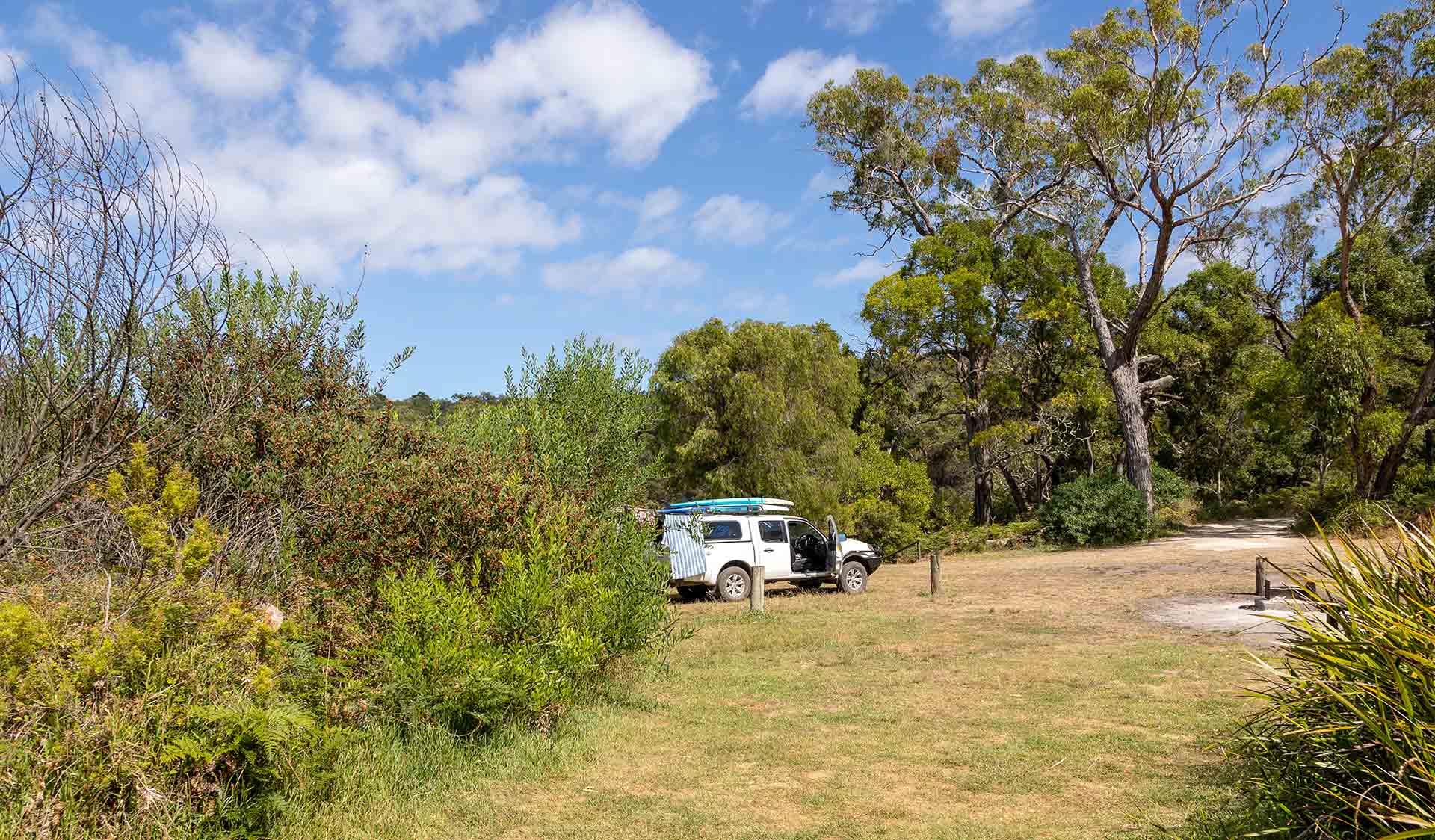 A 4WD with surf boards on the roof at Forest North Campground at Lower Glenelg National Park