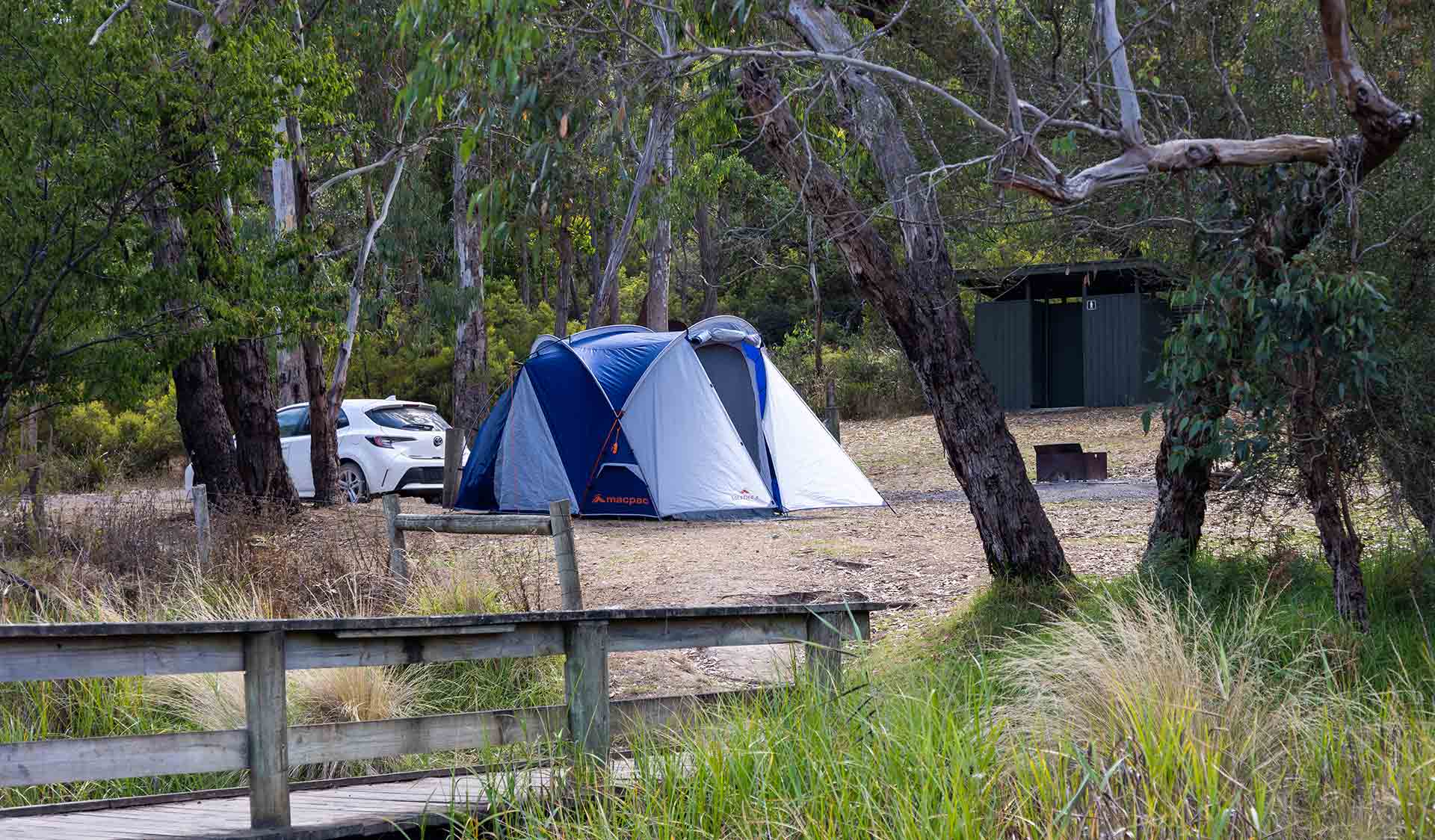 A tent next to a small white car at Hutchessons Campground at Lower Glenelg National Park
