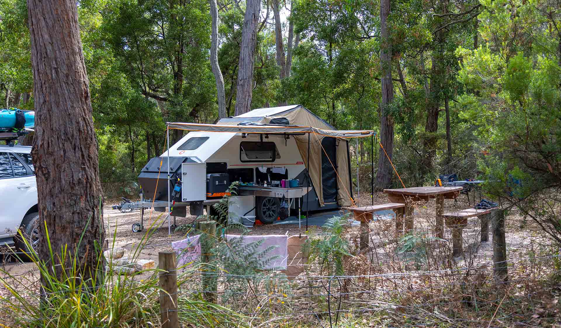 A camper trailer at Wilson Hall Campground at Lower Glenelg National Park
