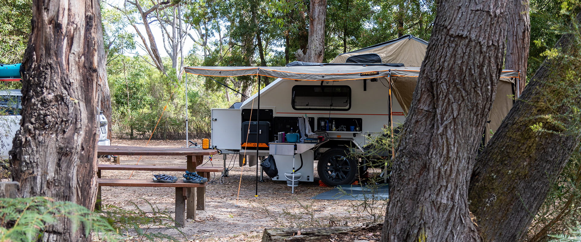 A camper trailer set up next to a picnic table in rich dry eucalypt forest.