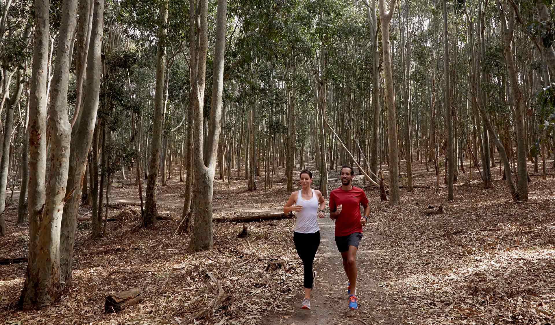 A man and woman in activewear power-walking at Lysterfield Park