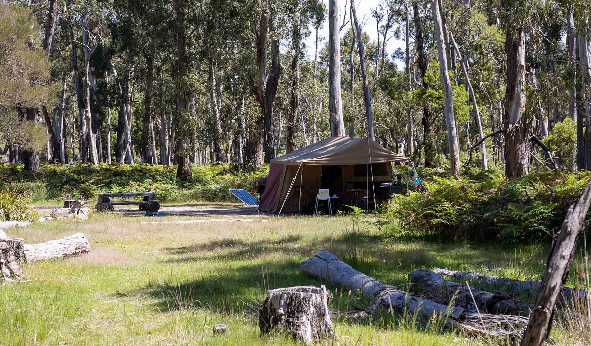A large canvas tent at Middle Creek Camping Area at Mount Buangor State Park